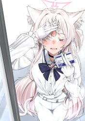 absurdres akira_(blue_archive) animal_ear_fluff animal_ears blue_archive breasts cat_ears cat_tail collarbone colored_eyelashes commentary_request cowboy_shot facial_mark forehead_mark glass_door gloves halo highres holding_id_card kuzumotsu large_breasts long_hair one_eye_closed open_mouth pants pink_hair red_eyes ribbon sidelocks sweatdrop tail tearing_up thigh_gap very_long_hair white_eyelashes white_gloves white_hair white_pants