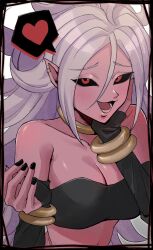1girl android_21 bare_shoulders black_sclera black_tube_top blush breasts cleavage colored_sclera colored_skin dragon_ball dragon_ball_fighterz grey_hair heart highres large_breasts long_hair majin_android_21 navel open_mouth pink_skin pointy_ears rebanira_kaisan red_eyes solo speech_bubble spoken_heart strapless tube_top upper_body
