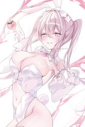 1girl animal_ears bare_shoulders blush bow breasts cleavage clothing_cutout collarbone detached_sleeves food fruit gloves hair_between_eyes hair_ornament highres large_breasts leotard long_hair long_sleeves looking_at_viewer mizupuruta navel nontraditional_playboy_bunny original pink_eyes pink_hair playboy_bunny rabbit_ears rabbit_tail smile solo stomach strawberry tail white_bow white_gloves white_leotard