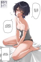 1girl absurdres arms_between_legs artist_name barefoot black_hair blush breasts cleavage collarbone english_text feet fingernails full_body grey_panties grey_tank_top hakimen highres looking_at_viewer medium_breasts medium_hair open_mouth original panties single_off_shoulder sitting solo speech_bubble suraya_(hakimen) tank_top tearing_up teeth toes twitter_username underwear upper_teeth_only wariza yellow_eyes