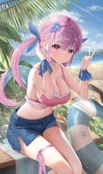1girl ahoge anchor_print bare_shoulders bikini blue_flower blue_hair blue_innertube blue_shorts blue_sky blue_wrist_cuffs blush braid breasts choppy_bangs closed_mouth cloud cloudy_sky collarbone colored_inner_hair curly_hair day flower hair_ribbon highres hololive innertube large_breasts leg_ribbon legs light_smile long_hair looking_ahead minato_aqua mochiki_927 mountainous_horizon multicolored_hair navel ocean outdoors pink_bikini pink_eyes pink_hair pink_ribbon plant purple_ribbon ribbon shorts side_slit side_slit_shorts sky solo stomach streaked_hair swim_ring swimsuit thigh_ribbon thighs towel twintails two-tone_hair virtual_youtuber white_innertube wrist_cuffs