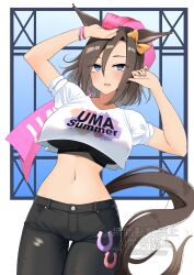 1girl air_groove_(umamusume) animal_ears arms_up black_pants blue_eyes blush bow breasts brown_hair commentary_request cowboy_shot cropped_shirt denim ear_bow ear_ornament highres holding holding_towel horse_ears horse_girl horse_tail jeans komb large_breasts looking_at_viewer navel open_mouth pants pink_bow shirt short_hair solo stomach tail torn_clothes torn_jeans torn_pants towel uma_summer_(umamusume) umamusume watermark white_shirt