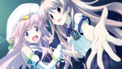 Rule 34 | 2girls, antenna hair, bandeau, bare shoulders, beads, black arm garter, black bandeau, black gloves, blush, bow, bowtie, breast pocket, breasts, chaos;head, chaos;head love chu chu!, cleavage, cleavage cutout, clothing cutout, collared shirt, constricted pupils, costume, detached sleeves, dutch angle, earrings, fingerless gloves, fingernails, from below, game cg, gloves, gold hairband, hairband, happy, hat, holding hands, indoors, interlocked fingers, jewelry, long hair, looking at viewer, magical girl, matsuo yukihiro, medium breasts, miniskirt, mismatched earrings, multiple girls, night, non-web source, official art, open mouth, palms, pink eyes, pink hair, plaid bow, plaid bowtie, plaid clothes, plaid skirt, plaid sleeves, pleated skirt, pocket, purple bow, purple bowtie, purple eyes, purple skirt, purple trim, reaching, reaching towards viewer, sakihata rimi, school emblem, school uniform, seira orgel, shiny eyes, shiny skin, shirt, short sleeves, skirt, small breasts, smile, suimei academy, suimei school uniform, suimei summer uniform, tongue, underboob, underboob cutout, white hat, white shirt, white sleeves