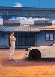 Rule 34 | 1girl, absurdres, blue sky, brown hair, car, cloud, commentary request, day, door, dress, elevated highway, frilled dress, frills, from side, highres, highway, honda, honda s2000, long hair, long sleeves, momo hiki, motor vehicle, original, outdoors, parking lot, sky, solo, sports car, standing, translation request, white car, white dress