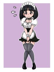 Rule 34 | apron, black dress, black eyes, black hair, black shoes, black skirt, black thighhighs, blush, bob cut, bowl cut, breasts, cleavage, covering privates, dress, embarrassed, frilled apron, frilled dress, frilled headwear, frilled shirt, frilled sleeves, frills, garter belt, girls und panzer, gotou moyoko, headband, maid, maid apron, maid day, maid headdress, puffy short sleeves, puffy sleeves, purple background, ribbon, shirt, shoes, short hair, short sleeves, simple background, skirt, takahashi kurage, thighhighs, white apron, white headband, white ribbon, white shirt, white wrist cuffs, wrist cuffs