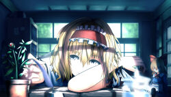 1girl 99_(hosinosensei) alice_margatroid apron blonde_hair blue_dress book bookshelf bow capelet commentary doll dress expressionless fidgeting frilled_apron frilled_hairband frilled_sleeves frills hair_between_eyes hairband head_on_arm indoors inkwell looking_to_the_side medium_hair neck_ribbon open_book plant potted_plant quill red_bow red_hairband ribbon shanghai_doll short_sleeves solo touhou upper_body waist_apron white_capelet window