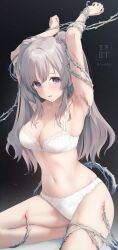 1girl armpits arms_up bdsm blush bondage bound bound_arms bow bow_bra bow_panties bra breasts cleavage clenched_hand collarbone commentary_request dark_background foley_anden foot_out_of_frame grey_hair highres idolmaster idolmaster_shiny_colors lace lace-trimmed_bra lace-trimmed_panties lace_trim large_breasts linea_alba long_hair looking_at_viewer navel panties parted_lips purple_eyes school_uniform sitting solo stomach thorns two_side_up underwear underwear_only watermark white_bra white_panties yukoku_kiriko
