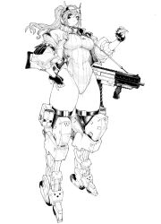 1girl breasts eyewear_on_head fingerless_gloves floating_hair gloves greyscale groin gun hair_behind_ear highres jacket last_origin leotard long_hair looking_at_viewer mechanical_legs medium_breasts monochrome natevior original pouch ribbed_leotard side_ponytail skindentation smile solo thighhighs weapon wheel white_background