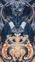 blue_eyes claws colored_sclera commentary_request dna_splicers_(pokemon) dragon dragon_wings gen_5_pokemon highres kyurem legendary_pokemon miyagawa_(maxggguys) nintendo no_humans pokemon pokemon_(creature) pokemon_focus red_sclera reshiram sharp_teeth teeth white_eyes wings yellow_eyes zekrom