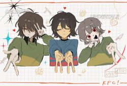 3others blue_sweater brown_hair chara_(undertale) closed_eyes closed_mouth deltarune frisk_(undertale) green_sweater gyaru_v half-closed_eye highres kris_(deltarune) long_sleeves looking_at_viewer mogupaku0 multiple_others open_mouth red_eyes short_hair simple_background smile sparkle sweater undertale upper_body v white_background