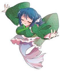 1girl alphes_(style) bent_over blue_hair blush breasts commentary_request dairi drill_hair fins frilled_kimono frills full_body green_kimono hair_between_eyes head_fins japanese_clothes kimono large_variant_set long_sleeves medium_breasts mermaid monster_girl outstretched_arms parody parted_lips short_hair smile solo style_parody touhou transparent_background variant_set wakasagihime wide_sleeves