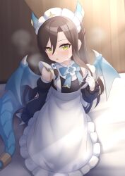 1girl :o absurdres apron black_dress black_hair black_sleeves blue_bow blue_bowtie bow bowtie braid commentary_request cowboy_shot detached_sleeves dragon_girl dragon_horns dragon_tail dragon_wings dress frilled_apron frills green_eyes hair_between_eyes highres horns jav_cover lind_(princess_connect!) long_hair long_sleeves looking_at_viewer maid maid_apron maid_headdress miyamori727 parody parted_lips princess_connect! side_braid sidelocks sleeveless sleeveless_dress solo standing sweatdrop tail textless_version white_apron wings
