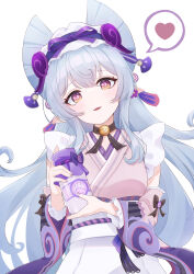 1girl absurdres black_bow black_choker blue_hair blush bottle bow choker commentary_request detached_sleeves frilled_hairband frills gem genshin_impact hairband head_tilt heart highres holding holding_bottle iroha_(mimi0618xx) japanese_clothes kimono long_hair looking_at_viewer nihongami parted_lips pink_kimono purple_eyes purple_gemstone solo spoken_heart symbol-shaped_pupils very_long_hair white_background yumemizuki_mizuki