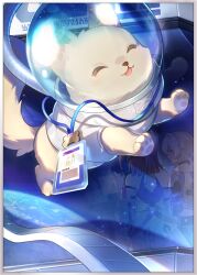 1boy 1girl ^_^ animal_focus arlan_(honkai:_star_rail) asta_(honkai:_star_rail) border closed_eyes dog happy helmet highres honkai:_star_rail honkai_(series) id_card lanyard official_art open_mouth pawpads peppy_(honkai:_star_rail) planet space_helmet third-party_source white_border