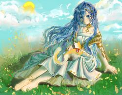 1girl 37_(reverse:1999) absurdres ancient_greek_clothes animal animal_on_shoulder aqua_eyes baby_animal barefoot blue_hair blue_sky braid cat cat_on_shoulder chiton closed_mouth cloud dot_nose eyelashes fingernails floating_hair full_body gold_choker greco-roman_clothes hair_between_eyes hairband highres himation kitten light_blush long_hair long_hair_between_eyes long_sidelocks looking_at_viewer on_grass reverse:1999 side_braid sidelocks single_braid sitting sky smile solo sun tassel toenails very_long_hair wind wunian04379 yellow_hairband