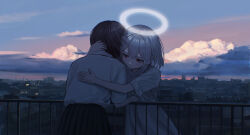 2girls absurdres against_railing black_hair black_skirt building city closed_mouth cloud cloudy_sky collared_shirt commentary_request day dress grey_hair hair_between_eyes hair_ornament halo highres hug looking_at_another medium_hair multiple_girls original outdoors pleated_skirt railing red_eyes sakiika0513 school_uniform shirt short_hair skirt sky white_dress white_halo white_shirt