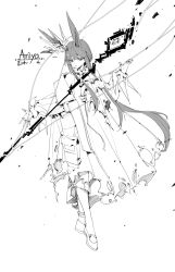1girl absurdres amiya_(arknights) amiya_(medic)_(arknights) animal_ears areaaaron arknights coat dress floating_crown greyscale hatching_(texture) highres jewelry linear_hatching long_hair long_sleeves mary_janes monochrome multiple_rings open_clothes open_coat rabbit_ears rabbit_girl ring shoes sidelocks sleeveless sleeveless_dress staff