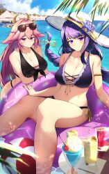 2girls absurdres animal_earrings animal_ears arms_under_breasts bare_legs bare_shoulders beach bikini black_bikini blush braid breasts cleavage closed_mouth collarbone cup disposable_cup eiryu33 eyewear_on_head feet_out_of_frame fox_ears fox_girl front-tie_bikini_top front-tie_top genshin_impact hair_between_eyes hair_ornament hat highres large_breasts long_hair multiple_girls navel pink_eyes pink_hair purple_eyes purple_hair purple_nails raiden_shogun single_braid smile soda stomach sun_hat sun_hat_ornament swim_ring swimsuit wet yae_miko