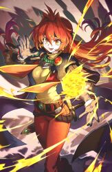 1girl armor belt black_cape black_headband breasts brown_belt brown_gloves cape commission earrings fang feet_out_of_frame fireball floating_hair gloves hair_between_eyes hair_intakes headband highres jewelry jun_(navigavi) lina_inverse long_hair looking_at_viewer medium_breasts open_mouth orange_eyes orange_hair pants pauldrons red_pants sheath sheathed shirt shoulder_armor skeb_commission slayers smile solo sphere_earrings standing sword v-shaped_eyebrows very_long_hair weapon yellow_shirt