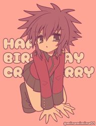 Rule 34 | 1girl, absurdres, all fours, birthday, black boots, black skirt, boots, character name, cranberry (girls und panzer), english text, full body, girls und panzer, happy birthday, highres, jacket, long sleeves, looking at viewer, makeup, mascara, military uniform, minami mina, miniskirt, open mouth, pink background, pleated skirt, red hair, red jacket, short hair, skirt, solo, spiked hair, st. gloriana&#039;s military uniform, text background, twitter username