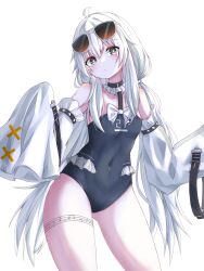 1girl ahoge black_choker black_one-piece_swimsuit choker closed_mouth detached_sleeves eyewear_on_head grey_eyes highres leg_tattoo ling_yi_i long_hair name_tag no._21:_xxi_(pgr) no._21_(pgr) no._21:_xxi_(solar_frost)_(pgr) one-piece_swimsuit pentagram_tattoo punishing:_gray_raven ribbon sidelocks sleeves_past_fingers sleeves_past_wrists sunglasses swimsuit tattoo twintails very_long_hair white_background white_hair white_ribbon wide_sleeves