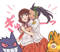2girls anna_(pokemon) backpack bag black_hair blush brown_eyes brown_hair creatures_(company) dark-skinned_female dark_skin eyelashes game_freak gen_1_pokemon gengar green_hair highres hoyon hug hug_from_behind multicolored_hair multiple_girls naranja_academy_school_uniform necktie nemona_(pokemon) nintendo open_mouth orange_necktie orange_shorts pawmot pokemon pokemon_(creature) pokemon_sv school_uniform shirt shorts two-tone_hair white_shirt yuri