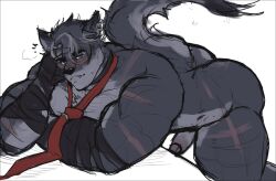 1boy abs animal_ears ass bara blush closed_mouth commentary cross_scar english_commentary erection fang fang_out furrification furry furry_male genshin_impact highres jcxraf looking_at_viewer male_focus muscular muscular_male necktie nude pectorals penis red_necktie scar scar_on_arm scar_on_ass scar_on_hip scar_on_leg scar_on_shoulder smile tail white_background wolf_boy wolf_ears wolf_tail wriothesley_(genshin_impact)