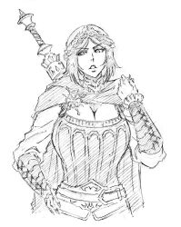 1girl belt braid breasts cape cleavage corset crown_braid elder_scroll fingernails gorget greyscale hand_on_own_hip large_breasts monochrome parted_lips rakusakugk serana short_hair the_elder_scrolls the_elder_scrolls_v:_skyrim vambraces white_background