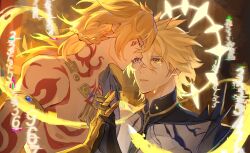 2boys alternate_form arm_tattoo armlet bare_pectorals black_coat black_shirt blonde_hair braid chest_tattoo chinese_commentary closed_eyes coat commentary_request cracked_skin ducksaisai facial_tattoo gold_necklace gradient_hair hair_between_eyes halo halo_behind_head highres holding_hands honkai:_star_rail honkai_(series) imminent_kiss infinity_symbol interlocked_fingers jewelry male_focus material_growth medium_hair multicolored_hair multiple_boys mydei_(honkai:_star_rail) necklace open_clothes open_coat pectorals phainon_(honkai:_star_rail) red_hair red_tattoo shirt short_hair side_braid tattoo torn_clothes torn_shirt yaoi yellow_blood yellow_eyes
