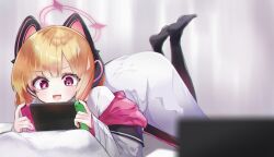 1girl :3 :d animal_ear_headphones animal_ears black_pantyhose blonde_hair blue_archive blunt_bangs blurry blurry_foreground cat_ear_headphones cat_ears chromatic_aberration commentary depth_of_field dot_nose e.nick fake_animal_ears feet_up full_body halo handheld_game_console headphones highres holding holding_handheld_game_console jacket long_sleeves looking_down lying medium_hair momoi_(blue_archive) multicolored_jacket nintendo_switch no_shoes off_shoulder on_stomach open_mouth pantyhose parted_bangs pink_eyes pink_halo pink_jacket playing_games school_uniform shirt sidelocks smile soles solo the_pose white_jacket white_shirt