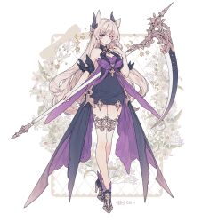 1girl animal_ears arm_cuffs bare_shoulders black_dress blonde_hair blue_eyes blunt_bangs boots breasts cat_ears cleavage commentary commission detached_collar dress floral_background flower full_body hair_ornament heterochromia high_heel_boots high_heels holding holding_scythe holding_weapon lemon89h lily_(flower) long_hair looking_at_viewer original purple_dress red_eyes rococo_movement scar scar_on_face scythe short_dress solo standing sword thigh_strap very_long_hair waist_cape wavy_hair weapon white_flower white_lily