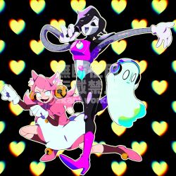 1boy 1girl android animal_ears bell black_background black_hair boots brown_socks cat_ears cat_girl cat_tail closed_eyes doll_joints full_body ghost gloves hair_bell hair_ornament hair_over_one_eye headphones heart heart_background highres holding holding_microphone joints kanianoreki kneehighs looking_at_viewer mad_mew_mew mettaton mettaton_ex microphone music napstablook one_eye_covered open_mouth outline outstretched_arm pink_boots pink_hair pink_shoes shoes short_hair singing skirt socks tail undertale watermark white_gloves white_outline white_skirt