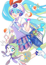 1girl :d absurdres bag beanie blush bracelet chinese_commentary collared_shirt commentary crossover floating_hair gen_5_pokemon green_eyes green_hair hat hatsune_miku highres jewelry legendary_pokemon long_hair meloetta meloetta_(aria) mythical_pokemon nintendo no_feet open_mouth pleated_skirt poke_ball poke_ball_(basic) pokemon pokemon_(creature) project_voltage psychic_miku_(project_voltage) shirt shocho_(shaojiujiu) shoes shoulder_bag skirt smile sneakers socks twintails vocaloid white_shirt white_shoes