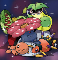 ariados bug carnivine creatures_(company) frostcyco game_freak gen_1_pokemon gen_2_pokemon gen_3_pokemon gen_4_pokemon nintendo no_humans parody plant poke_ball pokemon simple_background smile sparkle species_connection spider trapinch traptrix_rafflesia victreebel vileplume yu-gi-oh!