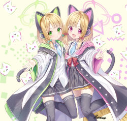 2girls :d \||/ absurdres animal_ear_headphones animal_ears black_coat black_shoes black_shorts black_skirt black_tail black_thighhighs blonde_hair blue_archive blue_necktie blunt_bangs blush bow buttons cat_ear_headphones cat_ears cat_tail closed_mouth clothes_writing coat collared_shirt commentary_request dress_shirt eyes_visible_through_hair fake_animal_ears fake_tail foot_out_of_frame frilled_coat frilled_skirt frills green_bow green_coat green_eyes green_halo hair_bow halo headphones highres holding_hands leg_up long_sleeves looking_at_viewer low-tied_sidelocks medium_hair midori_(blue_archive) miniskirt momoi_(blue_archive) multicolored_coat multiple_girls necktie open_clothes open_coat open_hand open_mouth parted_bangs pink_coat pink_eyes pink_halo pleated_skirt red_bow school_uniform shiraragi shirt shirt_tucked_in shoes short_necktie short_shorts shorts siblings sidelocks signature single_off_shoulder sisters skirt smile standing standing_on_one_leg suspender_skirt suspenders tail thighhighs twins unbuttoned untucked_shirt v watermark watermark_grid white_coat white_shirt wide_sleeves yellow_background zettai_ryouiki
