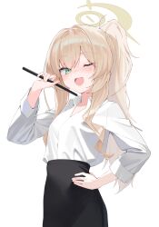 1girl absurdres black_skirt blonde_hair blue_archive collared_shirt cowboy_shot fang h9_99999 halo hand_on_own_hip highres holding long_hair long_sleeves one_eye_closed open_mouth ponytail professor_niyaniya_(blue_archive) professor_niyaniya_(teacher)_(blue_archive) shirt simple_background skirt solo white_background white_shirt yellow_halo