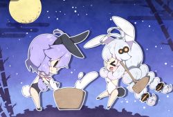 &gt;_&lt; 2girls :d ahoge animal_ears antenna_hair arms_up bamboo black_footwear black_leotard blush braid breasts chibi closed_mouth commentary_request covered_navel egasumi fake_animal_ears fang food full_moon hair_between_eyes hair_ornament holding kine kizuna_akari leotard low_twintails mallet medium_breasts milkpanda mochi mochitsuki moon mortar_(bowl) multiple_girls night night_sky open_mouth playboy_bunny profile purple_hair rabbit_ears rabbit_tail short_hair_with_long_locks silver_hair sky smile solid_oval_eyes star_(sky) starry_sky tail twin_braids twintails voiceroid white_leotard xd yuzuki_yukari