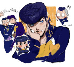 ! !! 2boys :o anchor_ornament anchor_symbol anger_vein artist_name bandage_on_cheek bandage_on_face bandages black_eyes black_hair blue_eyes blue_gakuran blush chibi chibi_inset cleavage_cutout clothing_cutout diamond_wa_kudakenai dollar_sign earrings gakuran grey_hair grid_background hand_on_own_cheek hand_on_own_face heart_ornament higashikata_josuke jewelry jojo_no_kimyou_na_bouken looking_at_viewer matubaru_chan multicolored_hair multiple_boys nijimura_okuyasu oekaki outline pants partially_shaded_face pompadour purple_pants purple_shirt school_uniform shirt sketch sparkle stud_earrings two-tone_hair waving white_outline yellow_shirt yen_sign