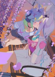 2girls absurdres ahoge animal_ear_fluff animal_ears arm_support bench black_skirt blue_hair cat_ears cat_tail closed_eyes crop_top dutch_angle flower fox_ears fox_tail gradient_hair green_hair hair_ornament hairclip highres holding_hands indie_virtual_youtuber kiss kneehighs lanmewko long_hair mizuki_(vtuber) multicolored_hair multiple_girls petals shirt sida sidelocks silver_hair sitting skirt socks tail twintails virtual_youtuber white_shirt white_skirt wing_collar wisteria yuri