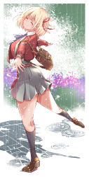 1girl black_socks blonde_hair border brown_bag brown_shoes closed_eyes closed_mouth commentary_request full_body grey_skirt hair_ribbon highres jacket loafers long_sleeves lycoris_recoil lycoris_uniform nishikigi_chisato outstretched_arms pleated_skirt rain red_jacket red_ribbon ribbon shoes short_hair skirt smile socks solo spread_arms standing white_border yazawa_mana