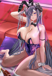 1girl absurdres animal_ear_hairband animal_ears august_von_parseval_(azur_lane) azur_lane bare_shoulders black_hair black_horns bottle bow bowtie breasts brown_pantyhose cleavage commentary_request couch covered_navel curled_horns detached_collar fake_animal_ears foot_out_of_frame forward-facing_horns hair_over_one_eye hairband hand_in_own_hair highleg highleg_leotard highres horns huge_breasts indoors leotard long_hair looking_at_viewer mechanical_horns pantyhose playboy_bunny purple_eyes purple_leotard rabbit_ear_hairband rabbit_ears solo strapless strapless_leotard torn_clothes torn_pantyhose traditional_bowtie very_long_hair waizumi_(vestineislancer) white_wrist_cuffs wrist_cuffs