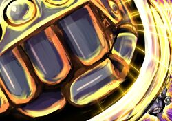 1boy armor clenched_hands duel_monster glowing glowing_eyes go_madare hand_focus highres incoming_attack incoming_punch junk_warrior male_focus punching red_eyes solo yu-gi-oh!