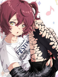1girl alternate_costume aokaly black_gloves black_pantyhose black_shorts collarbone commentary elbow_gloves feet_out_of_frame fingerless_gloves gloves hair_between_eyes hair_bobbles hair_ornament highres hugging_own_legs komari_chika looking_at_viewer make_heroine_ga_oo_sugiru! nail_polish one_side_up open_mouth pantyhose print_shirt red_hair red_nails shirt short_hair shorts solo t-shirt torn_clothes torn_pantyhose white_shirt yellow_eyes