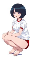 1girl barefoot black_hair blue_eyes breasts bright_pupils buruma commentary gundam gundam_gquuuuuux highres looking_at_viewer medium_breasts open_mouth ponzu_rui red_buruma shiiko_sugai shirt short_hair simple_background solo squatting toes white_background white_pupils white_shirt