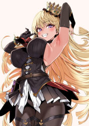 1girl aged_up armpits arms_up asanagi bare_shoulders belt black_gloves black_skirt blonde_hair blush bracelet breasts brown_pantyhose cagliostro_(granblue_fantasy) crown detached_sleeves earrings elbow_gloves gloves granblue_fantasy grin highres jewelry large_breasts long_hair looking_at_viewer pantyhose purple_eyes skirt smile solo