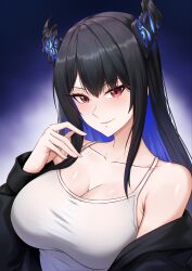 1girl absurdres black_hair blue_hair breasts closed_mouth collarbone colored_inner_hair demon_horns drunktatsu hand_up highres hololive hololive_english horns large_breasts looking_at_viewer mole mole_under_eye multicolored_hair nerissa_ravencroft off_shoulder red_eyes smile solo tank_top two-tone_hair upper_body virtual_youtuber white_tank_top