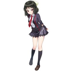 Rule 34 | ankle socks, arms behind back, black hair, black jacket, black socks, blush, bow, brown shoes, closed mouth, cosplay, dolphin wave, game cg, grey skirt, hair bow, hair ribbon, highres, holding own arm, jacket, kazami ellen, kohinata miku, kohinata miku (cosplay), light blush, looking at viewer, lydian academy school uniform, necktie, non-web source, official art, ootomo takuji, red eyes, red necktie, ribbon, school uniform, senki zesshou symphogear, shirt, shoes, short hair, simple background, skirt, smile, socks, tachi-e, transparent background, white shirt