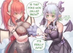 ! 2girls ? apricot_the_lich apricot_the_lich_(1st_costume) bare_shoulders breasts cleavage commentary cowboy_shot creatures_(company) cross detached_sleeves dragon_girl dragon_horns dragon_tail dragon_wings english_commentary english_text fang fingerless_gloves game_freak gen_8_pokemon gloves hair_between_eyes hair_ornament hairclip highres horns hungrydurp large_breasts lich long_hair looking_at_animal multiple_girls multiple_horns nail_polish nintendo pointy_ears pokemon ponytail red_eyes see-through_clothes see-through_cleavage short_hair snom speech_bubble standing tail tongue virtual_youtuber vshojo wings yellow_eyes zentreya zentreya_(dragon) zentreya_(dragon)_(1st_costume)