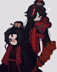 1boy 1girl ;) black_eyes black_hair black_hanfu chinese_clothes closed_eyes curtained_hair hair_bun hair_ornament hand_fan hanfu high_ponytail highres holding holding_fan jia_qiu_(project_moon) limbus_company long_hair looking_at_viewer multicolored_hair one_eye_closed ponytail project_moon red_scarf rope_belt saltedporkchops scar scar_on_face scarf serious smile staff streaked_hair very_long_hair white_background zigong_(project_moon)