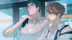 2boys arm_up black_necktie blush brown_eyes brown_hair closed_mouth collarbone collared_shirt commentary_request crossed_arms curtained_hair fandangyu frown haikyuu!! highres holding holding_unworn_clothes looking_at_another male_focus multiple_boys necktie oikawa_tooru_(haikyuu!!) open_collar outdoors parted_bangs popped_collar rain sanpaku see-through_clothes see-through_shirt shirt short_hair undone_necktie upper_body ushijima_wakatoshi wet wet_clothes wet_shirt white_shirt wing_collar